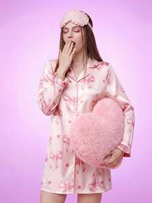 Notgurli Faux Silk Bow Print Collared Sleep Dress, Luxe Loungewear, Moo Moo, Fall, Winter - Pink - View 4