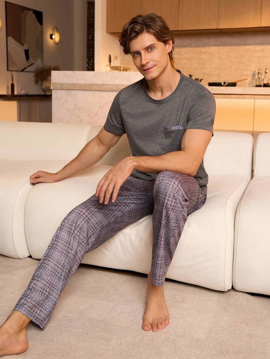 SHEIN Provexi 男士素色圓領短袖上衣與格紋印花長褲睡衣套裝 - 深灰色 - 查看 1