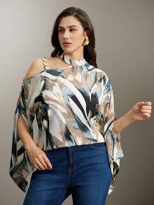 Flouryn Plus Size Women's Random Print Simple Daily Shirt One Shoulder Top Fall - Multicolor - View 1
