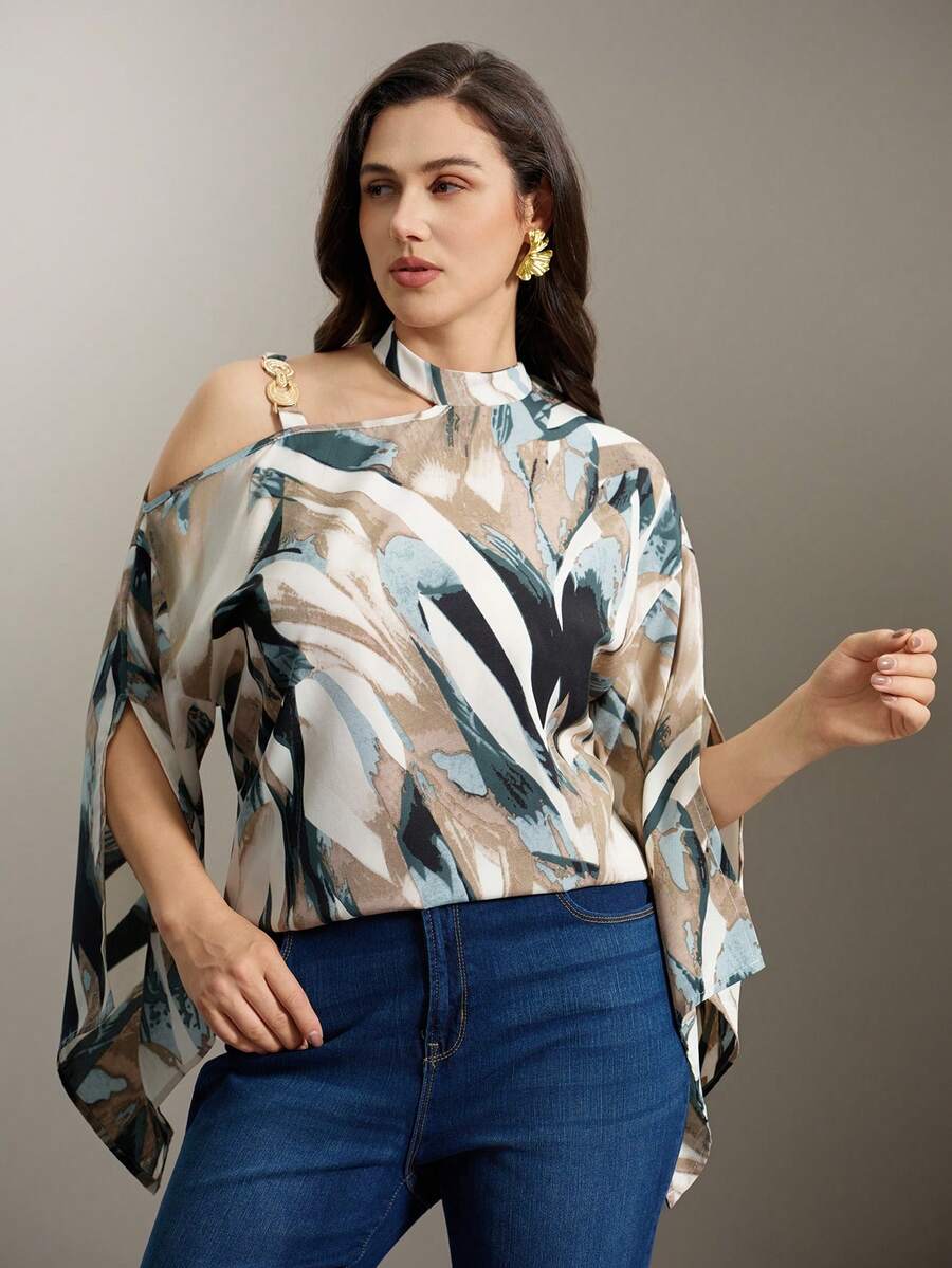 Flouryn Plus Size Women's Random Print Simple Daily Shirt One Shoulder Top Fall - Multicolor - View 1