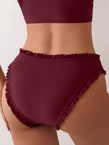 SHEIN Swim 女款紅色荷葉邊比基尼泳褲 夏季海灘泳池派對適用 可愛性感優雅 - 酒紅色 - 查看 2