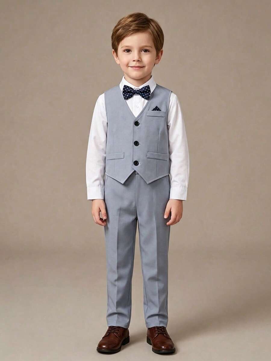 SHEIN Bộ trang phục trang trọng nhiều món cho bé trai - Áo vest, nơ, quần dài, hoàn hảo cho đám cưới, khách dự tiệc cưới, cậu bé hầu bàn, cậu bé đeo nhẫn, mùa thu/đông - Màu xanh lam - Xem 1