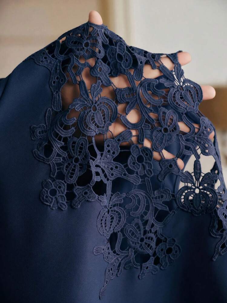 Solid Color Loose Lace Patchwork Short Sleeve Straight Dress For Women