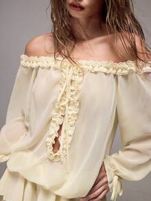 Sweetness Summer Vacation Music Festival Golf Outfit, Sweet Spicy Ruffle V-Neck Off Shoulder Chiffon Dress White Sexy - Beige - View 2