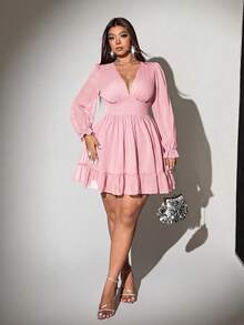 Viva Relle Plus Size Women Fashion Ruched Waist Ruched Hem Dress Fall - Baby Pink - View 4