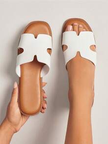 SHUZIA Sandal đế bằng khoét lỗ thoải mái, thường ngày dành cho nữ. - trắng - Xem 3