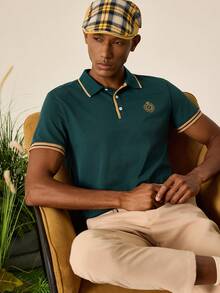 Tonviero Camisa Polo De Manga Corta Para Hombre Con Letra Impresa De Bloque De Color - Verde Oscuro - Ver 1