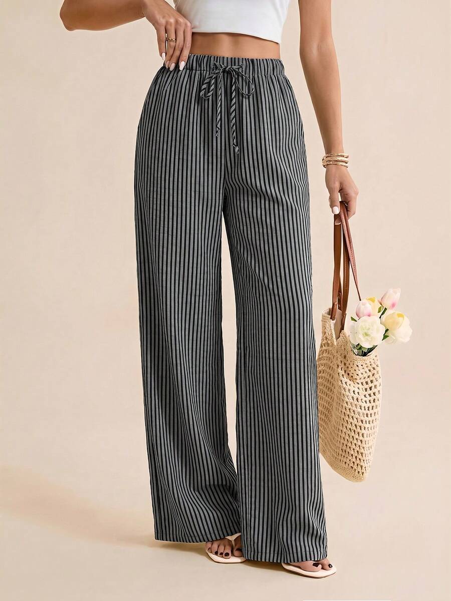 SHEIN Tall Pantalones casuales rectos de pierna suelta con cintura con cordón y rayas para mujer - Gris Oscuro - Ver 1