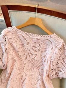 GlowEve CURVE Fashionable Elegant Square Collar Short Sleeve Light Pink Hollow Lace Blouse, Spring/Summer Plus Size Date Brunch Dinner Night Wedding - Baby Pink - View 3