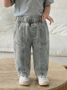 Toddler Boys' Soft Cotton Casual Loose Fit Washed Denim Jeans, Elastic Waist, Tapered Leg, Suitable For Daily Wear And Vacation, Summer - Light Grey - View 4