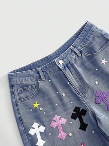 ROMWE MEN Men's Embroidered Cross Pattern Rhinestone Denim Shorts - Blue - View 2