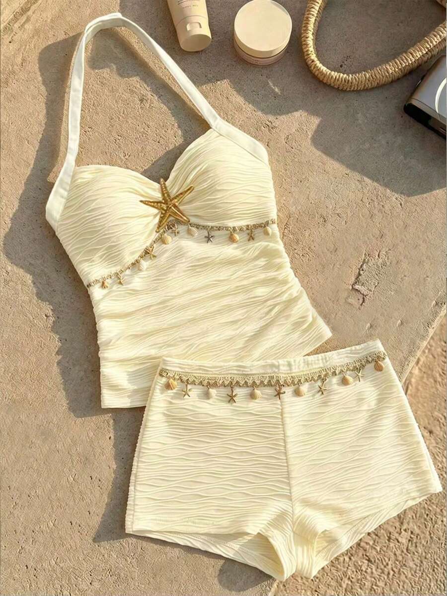 SHEIN Girls' Tank Top And Shorts Set, Featuring A Halter Neck Design, Ruched Detailing And Star And Shell Embellishments On The Top, And Shell And Tassel Details On The Front Of The Shorts. Casual And Simple, Perfect For Everyday Wear In Spring And Summer. - Yellow - View 1