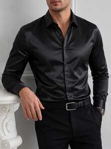 Core Aspect Men's Textured Design Casual Business Long Sleeve Shirt Silk Shirts Satin Men Shirt Luxury Shirts Black Dress Shirt For Old Money,Daily Leisure, Weekend Trips, Outdoor Activities, Travel Expeditions, Relaxed Work Environments Or Semi-Formal Occasions,Boyfriend/Husband Gift, Anniversary Gift Christmas - Black - View 3