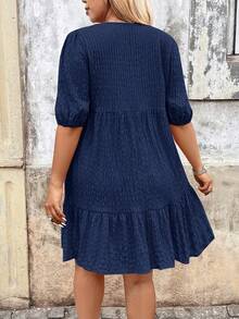Breezaya Plus Size V-Neck Lantern Sleeve Tassel Lace Patchwork Dress - Navy Blue - View 2