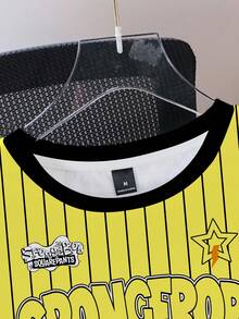 SpongeBob SquarePants | SHEIN 男士休闲条纹卡通图案撞色滚边圆领短袖T恤，夏季 - 白色 - 查看 4