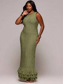 MUSERA Plus Size Textured Knit Fitted Midi Dress Spring Summer Elegant Vacation Holiday Evening Soul Ties Fall - Green - View 5