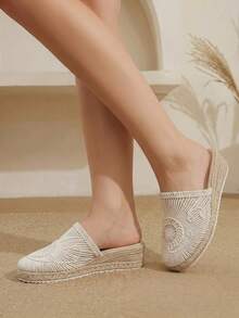 Styleloop Giày đế xuồng nữ bằng dây gai dầu và rơm màu be, kiểu dáng hở gót, thích hợp cho đi chơi, du lịch, hẹn hò hàng ngày, đi biển, du lịch biển, phong cách thường ngày. - Màu be - Xem 2