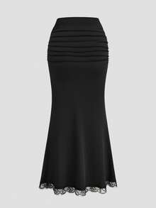 Sweetra Falda casual versátil para citas de noche con parches de encaje para mujer - Negro - Ver 2