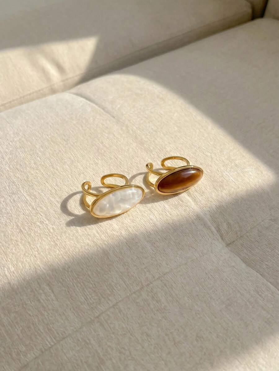 Resyla 2 Buah Cincin Terbuka Stainless Steel Warna Emas dengan Batu Permata Putih dan Batu Mata Harimau, Cocok untuk Perhiasan Wanita atau Hadiah - Yellow Gold - View 1