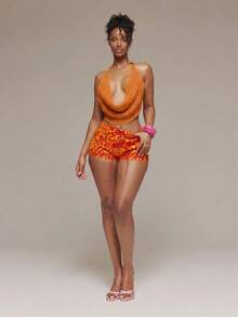 MUSERA Printed Denim Low Rise Lace Up Front Micro Shorts Spring Summer Ibiza Festival Holiday Vacation Cute Sexy Y2k Night Out Club Tropical Seduction - Orange - View 5