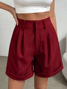SHEIN Clasi Plus Size Women's Solid Color Pleated Pocket Casual Shorts - Burgundy - View 4