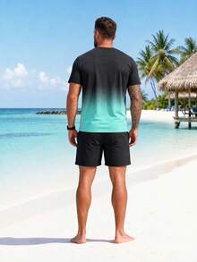 ResortEase Plus Size Men's Casual Palm Tree Ombre Print Short Sleeve T-Shirt And Shorts Set, Holiday - Multicolor - View 2