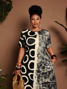 Maweii Plus Size Women's Summer Graphic Print Elastic Fabric Dress, Elegant Summer Outfit, Suitable For Vacation, Birthday, Beach, Carnival - Apricot - View 3