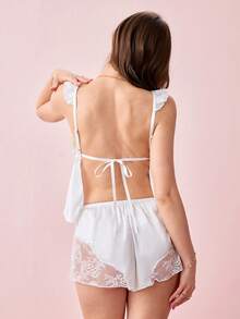 Bonmuse 2pcs Women White Lace Patchwork Drawstring Pajama Set, Sleepwear Suit, Babydoll Set - White - View 2