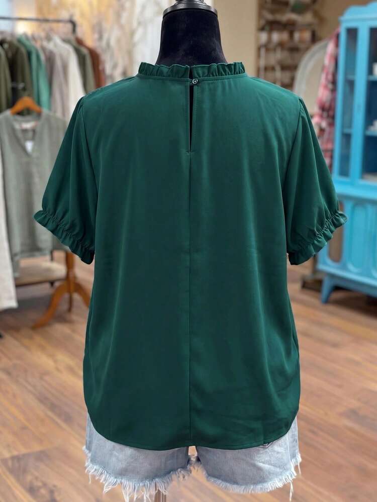 Linhara Fashionable Casual French Retro Elegant Comfortable Commuting Ruffle Collar Blouse Formal Office Dark Green Summer - Dark Green - View 2