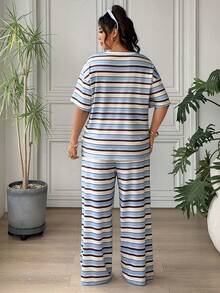 SHEIN EZwear 两件套加大码女式条纹撞色短袖圆领T恤和休闲裤套装 - 彩色 - 查看 4