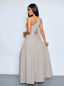 SOLERSUN Abito lungo da donna in stile casual da vacanza in lino a righe con spalle scoperte e dettagli traforati, estetica vintage - Albicocca - Visualizzare 2
