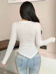 DAZY 不对称设计修身长袖女式T恤 - 白色 - 查看 2
