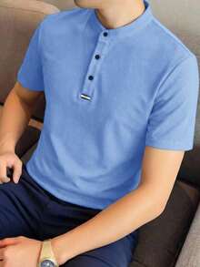 SHEIN 青少年男款休閒條紋拼接針織寬鬆 Polo 衫 - 淺藍色 - 查看 6