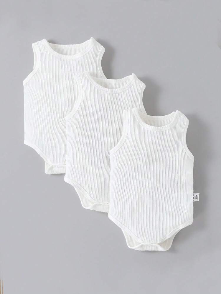 SHEIN Vintaside Kids Bộ 3 áo liền quần không tay unisex cho bé, màu trắng, phong cách casual cơ bản cho mùa hè, chất vải mềm mại thoải mái, mẫu đen xanh, phù hợp đi chơi, du lịch, mặc hàng ngày và dự sự kiện - trắng - Xem 3