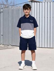 SHEIN Casuvi Kids 青少年男孩春夏季短袖 Polo 衫 & 長褲 2 件套，時尚針織條紋動物印花，休閒舒適大口袋長褲，百搭戶外穿搭 - 彩色 - 查看 3