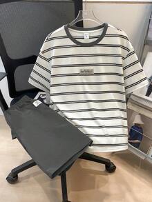 2pcs/Set Tween Boys Casual Comfortable Versatile Striped Print T-Shirt And Solid Color Shorts Set - Grey - View 3