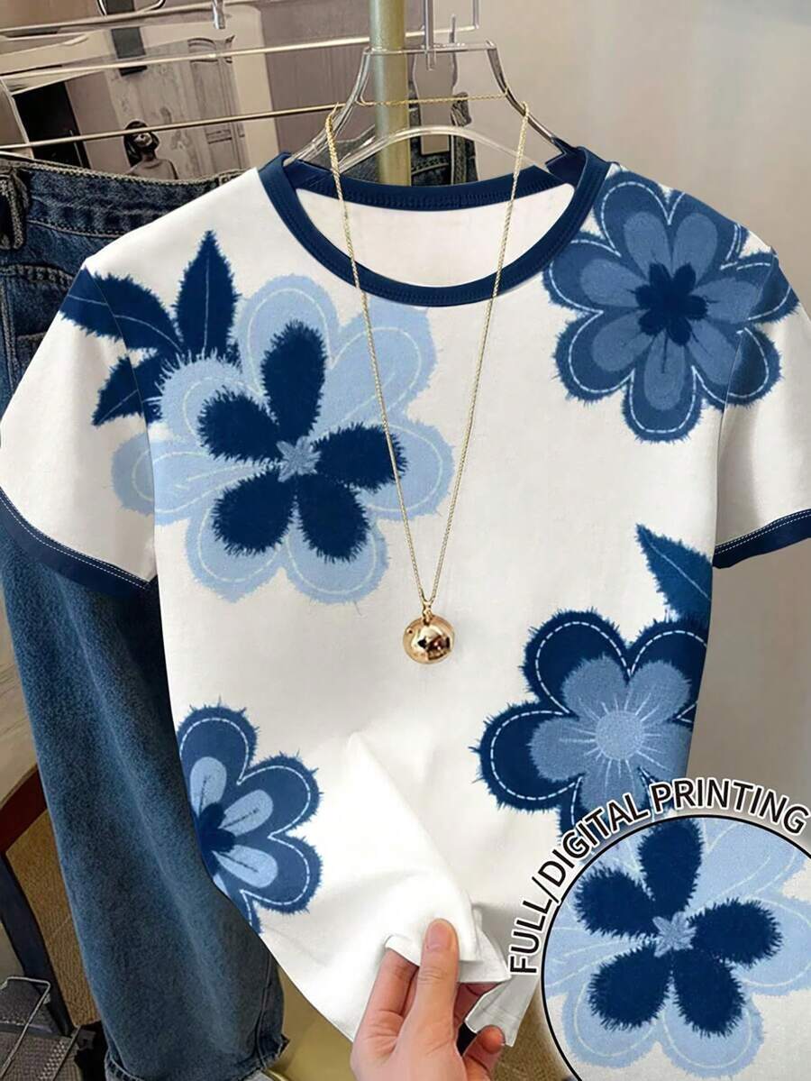 SHEIN 青少年女孩數位花卉印花短袖上衣,休閒舒適春夏季時尚,百搭戶外、野餐、街拍、居家、學校、度假、禮物,復古美式花卉風格,適合度假與戶外 - 彩色 - 查看 1