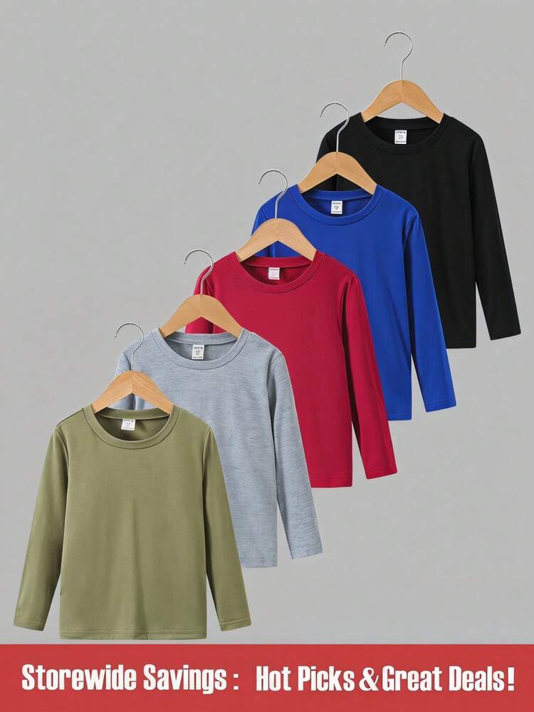 SHEIN Young Boy Solid Color Round Neck Casual Versatile Long Sleeve T-Shirt School Campus College Autumn - Multicolor - View 1