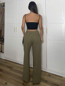 Ronhire Pantalones rectos y sueltos de cintura baja de color liso informal - Verde militar - Ver 2