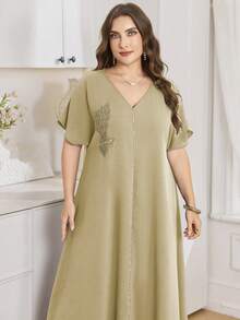 Al Najma Vestido largo de manga corta de unicolor, talla grande, estilo turco y árabe para mujeres - Caqui - Ver 3