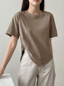 Dazy-Less Camiseta lisa com bainha dividida, roupa de trabalho casual para mulheres - Camelo - Ver 2