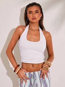 SHEIN BAE Áo tank top nữ cổ yếm ôm dáng màu trơn phong cách casual - trắng - Xem 5