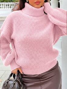 NegzBox Solid Color Drop Shoulder Long Sleeve Ribbed Turtleneck Casual Knit Pullover Sweater Pink - Pink - View 3
