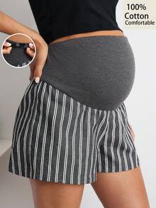 MaterniWear Maternity Colorblock Striped Print High Waist Wide Leg Shorts, Summer - Apricot - View 1