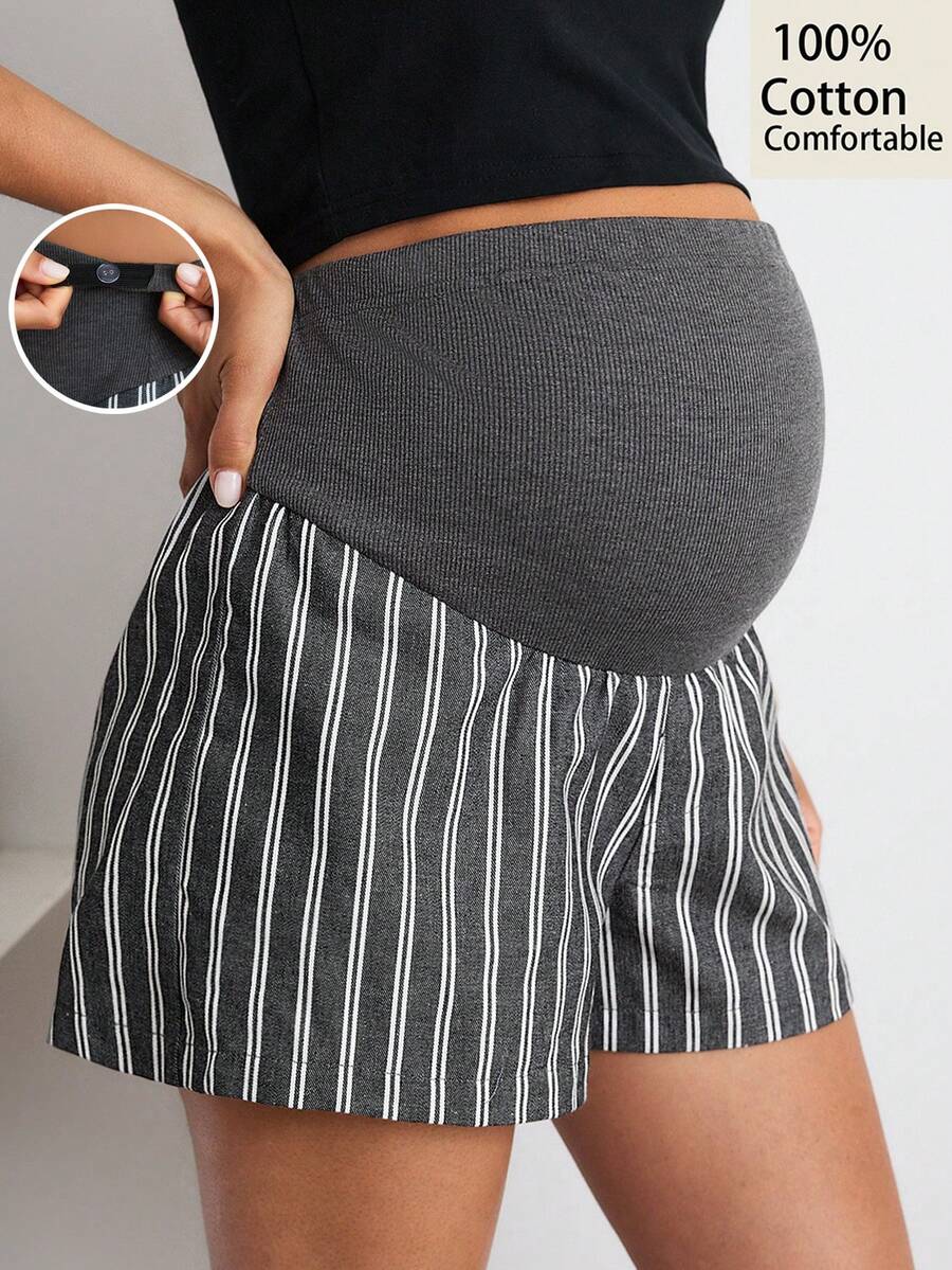 MaterniWear Maternity Colorblock Striped Print High Waist Wide Leg Shorts, Summer - Apricot - View 1