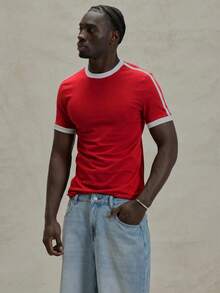 Musero Camiseta básica de manga corta, cuello redondo y puños de manga con detalles de contraste, ajuste ceñido y estilo liso para primavera y verano - Rojo - Ver 5