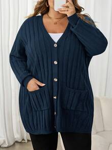SHEIN CURVE+ 大尺碼女款寬鬆開襟針織衫，商務休閒款柔軟修身上衣，鄉村風，適合秋季約會與辦公室，海軍藍 - 藏蓝色 - 查看 6