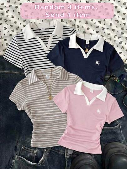 SHEIN Tween Girl Black & White Striped V-Neck Polo Shirt With Collar, Side Ruched Waist & Slim Fit Short Sleeve Tee, Retro Collegiate Style Children Top, Breathable Casual Wear For Summer, Unique Striped Top For School & Outing