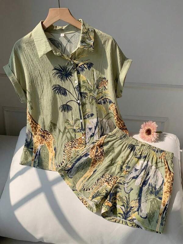 Conjunto de dos piezas para mujer, blusa de manga corta con cuello de solapa y estampado tropical de animales, combinado con pantalones cortos holgados, ideal para verano, vacaciones y uso diario