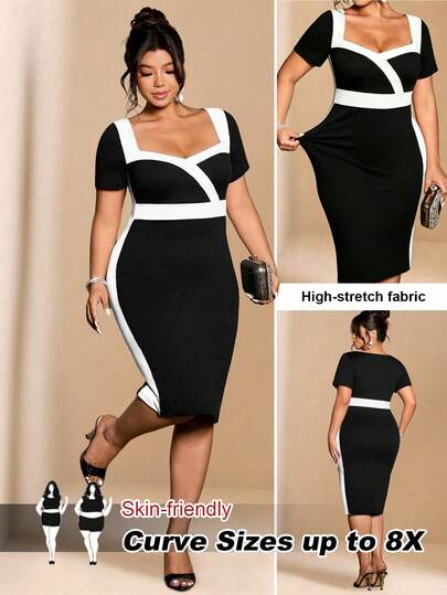 SHEIN CURVE+ Plus Size Women's Color Block Short Sleeve Fitted Bodycon Elegant Dress For Commuting